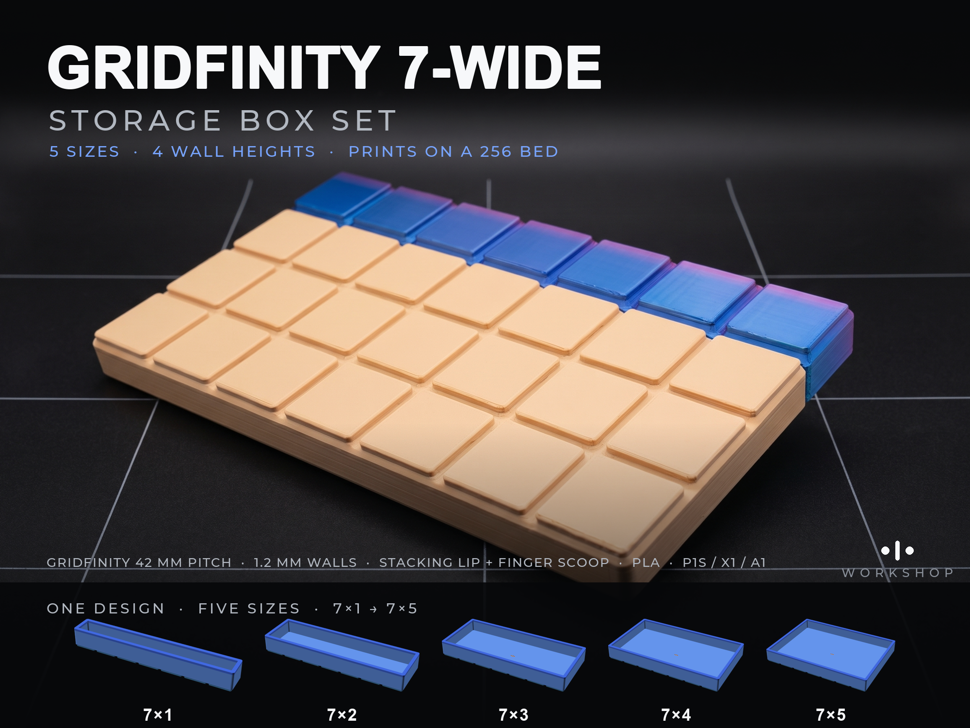 Gridfinity 7-Wide Storage Boxes (print files)